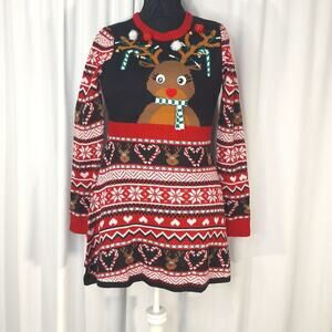 Born Famous Large Reindeer Ugly Christmas Sweater Dress  NWT Jingle Bells Party